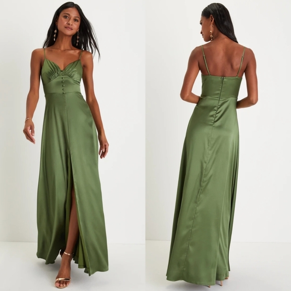Lulus Refined Perfection Olive Green Satin Sleeveless Maxi Dress Wedding Prom - Picture 1 of 9